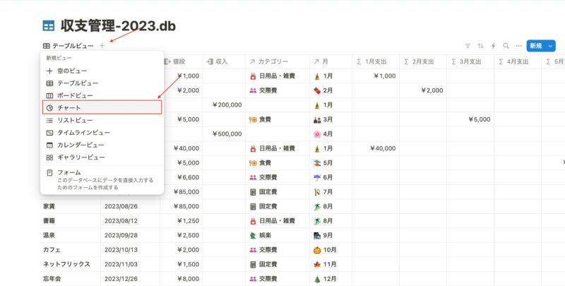 データベースにチャートビューを追加