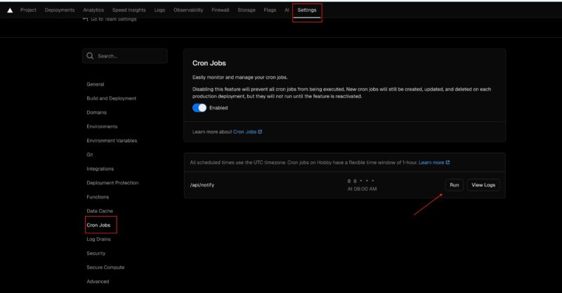 Vercelの「Settings」の「Cron Jobs」ページ