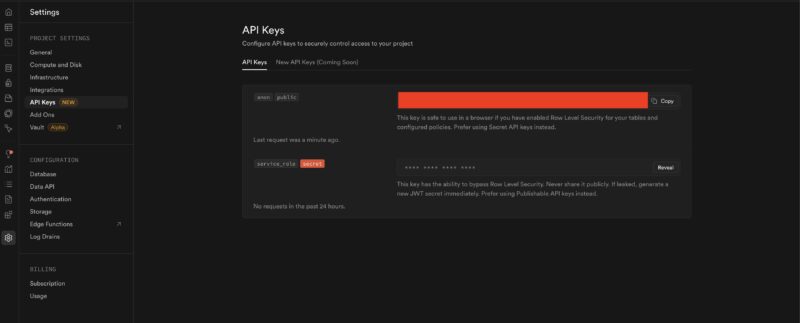 Supabaseのanon_key取得